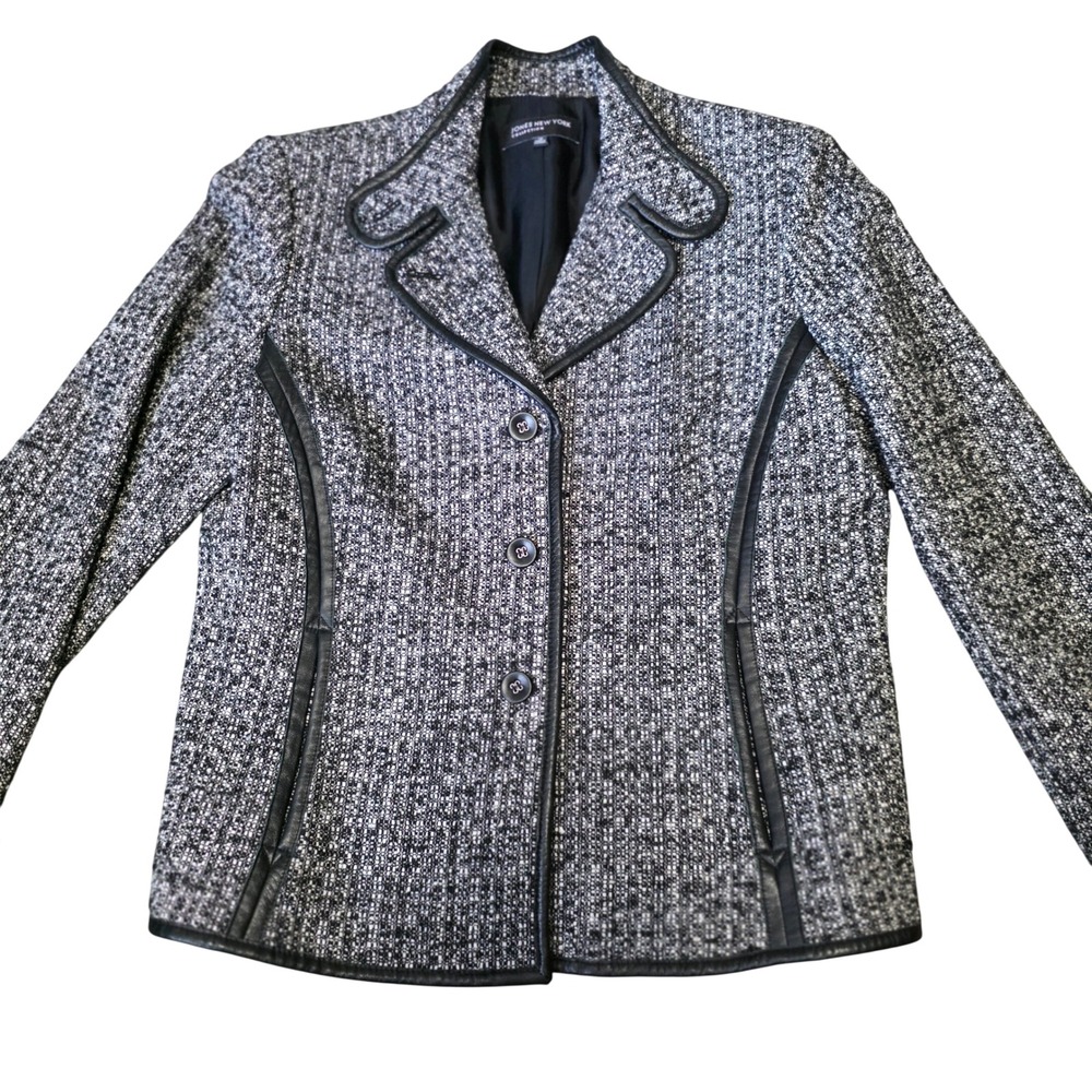 Jones New York Collection Tweed Blazer Leather‎ Trim Wool Alpaca Black White 10